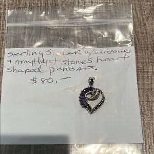Heart-Shaped Sterling Silver Pendant with Purple Stones